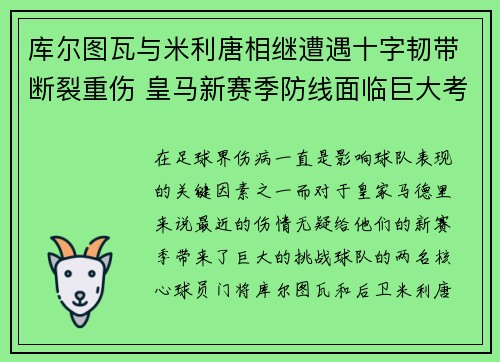 库尔图瓦与米利唐相继遭遇十字韧带断裂重伤 皇马新赛季防线面临巨大考验