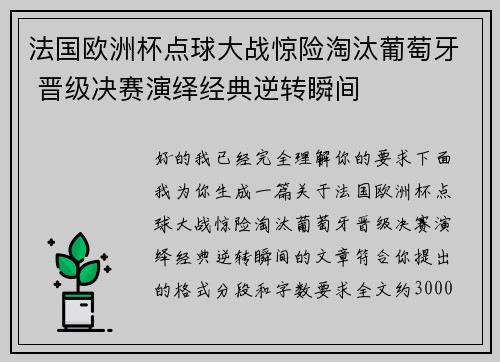 法国欧洲杯点球大战惊险淘汰葡萄牙 晋级决赛演绎经典逆转瞬间